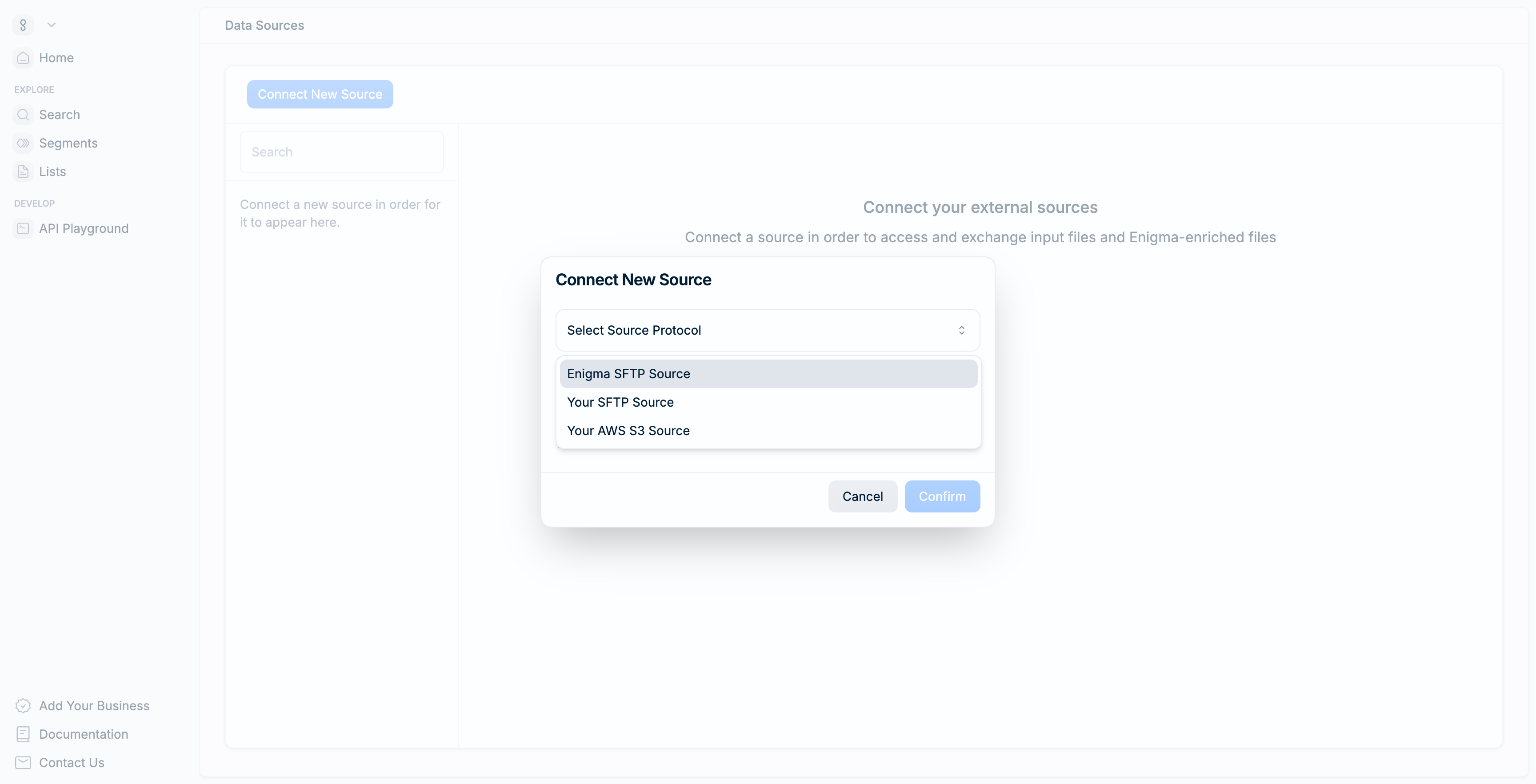 Connect source dialog showing source type options