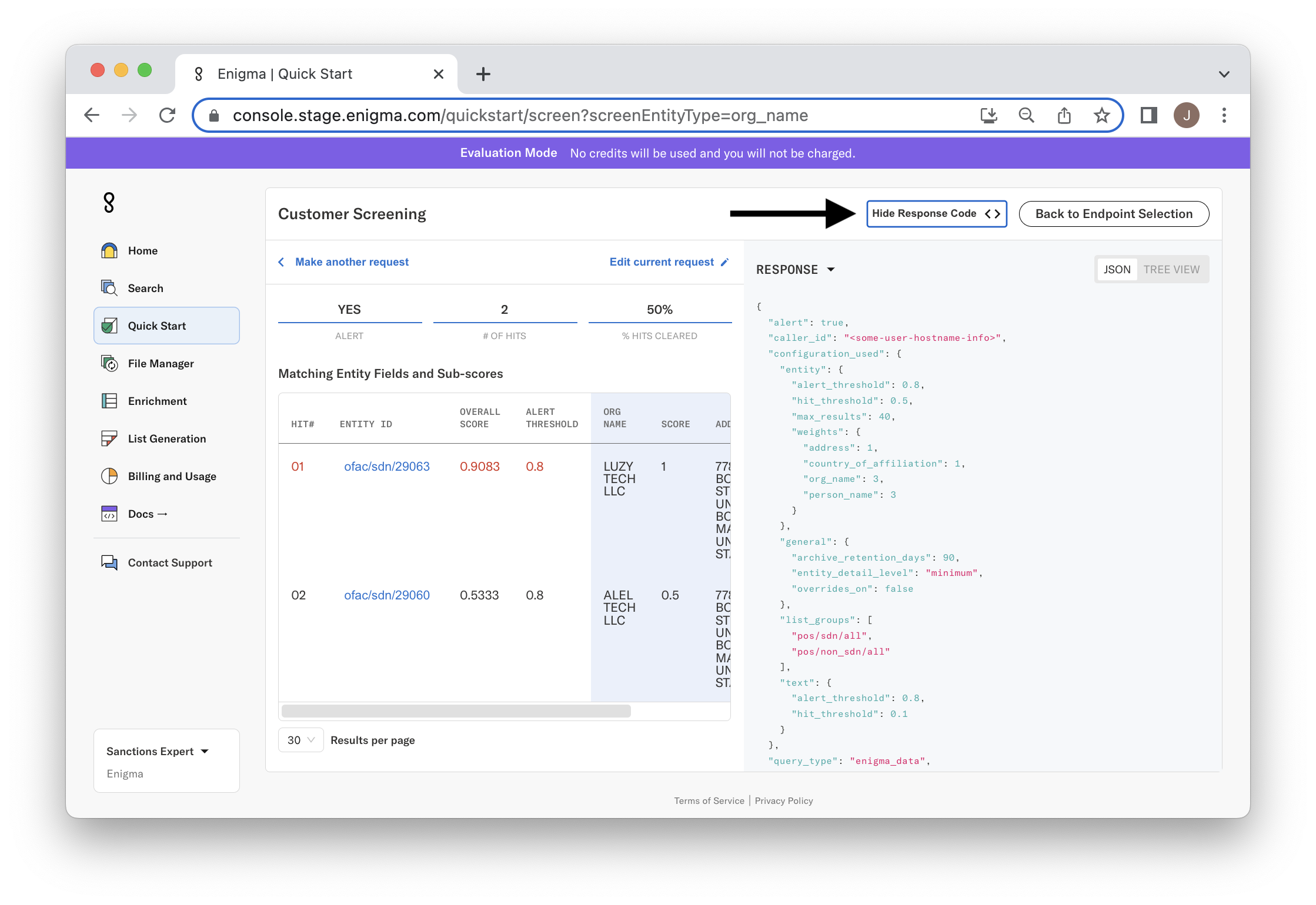 Screening JSON Response